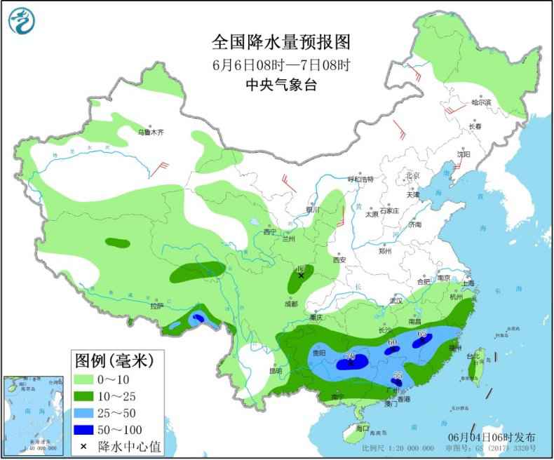 图5 全国降水量预报图(6月6日08时-7日08时) 江南华南有持续性强降水 华北黄淮有持续性高温天气